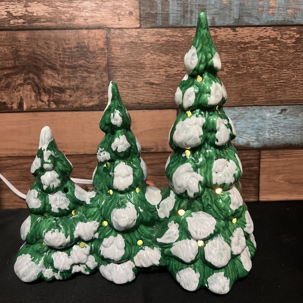 Vintage Christmas Ceramic Triple Pine Trees Double  Snow Capped Hand‎ Painted